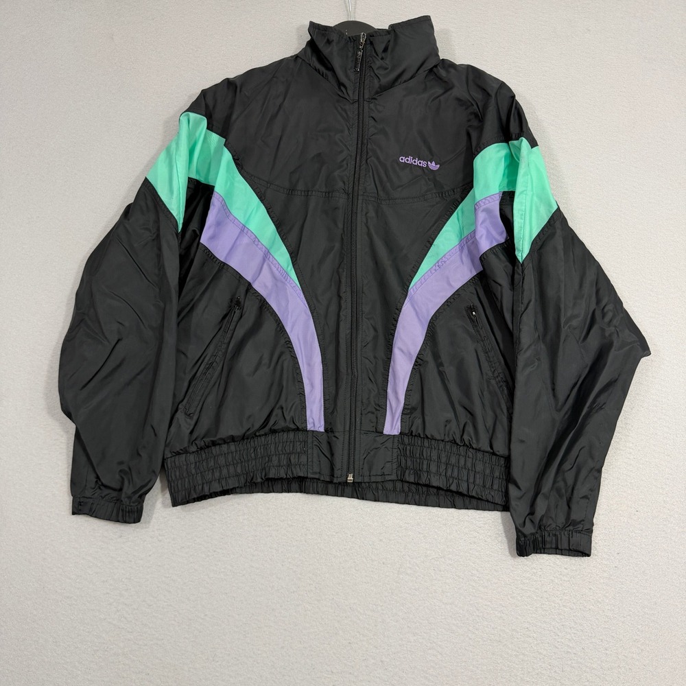 Adidas Windbreaker Women Medium Black Vintage Trefoil Colorblock Zip Up Jacket